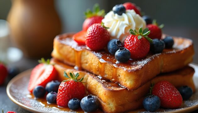 Stack of french toast with fresh berries and whipped cream. Drizzled with syrup and dusted with powdered sugar. Served on a plate, perfect for breakfast or brunch.