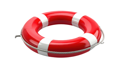 A vibrant, glossy red and white life preserver ring. The safety device includes a rope and is isolated on a black background