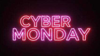 Bright neon sign announces Cyber Monday sale in vibrant red and pink glow on dark background