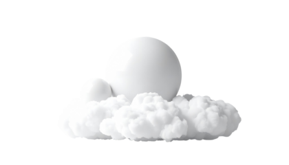 A surrealist composition featuring white spheres atop fluffy, cloud-like forms against a stark black backdrop