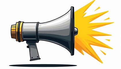 Illustration of megaphone with yellow blast effect isolated on white. Speaker bullhorn, communication equipment for public address system for attention seeking announcements. Great tool for marketing.