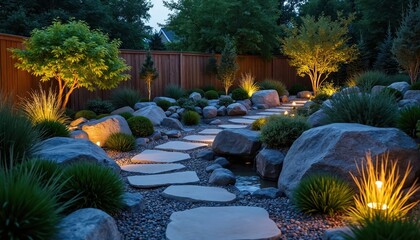 Backyard rockery garden design with LED lights. Stone pathway leads through rocks bushes. Trees are lit creating a relaxing night scene. Nature landscape provides a calming atmosphere.
