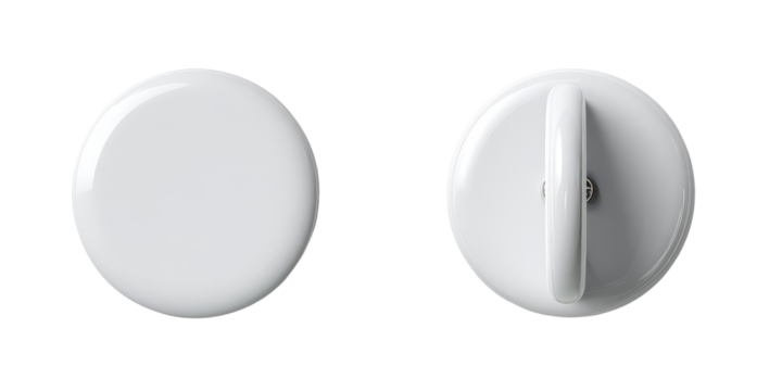 A pair of sleek, white, circular objects, one flat and the other featuring a curved, vertical handle, displayed against a dark backdrop