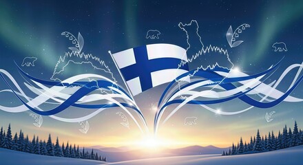 Finland Independence Day banner, congratulations greeting card with Finnish flag, northern lights, snowy landscape and winter forest, national holiday celebration.