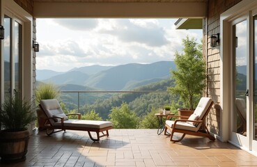 Obraz premium Spacious veranda overlooks expansive green mountains. Modern lounge chairs, small table, potted green plants furnish outdoor space. Balcony provides tranquil panorama from luxury home resort