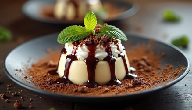 Delicious dessert served on plate. Creamy pudding with chocolate syrup and whipped cream. Mint leaf garnish. Culinary theme sweet treat. Food and drink photo for restaurant menu.