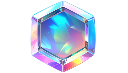 A stunning, vibrant, iridescent cube-shaped gemstone. The crystal structure features brilliant light refraction and a sleek, geometric design