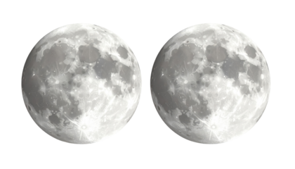 Two identical celestial spheres, resembling a natural satellite, are captured against a dark, featureless backdrop