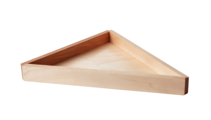 A close-up shot of a triangular, wooden tray with a light-colored wood finish. The empty container is isolated against a black background