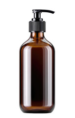 A tall, brown glass bottle with a black pump dispenser. It is isolated on a black background, with visible light reflections