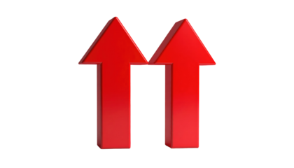 A vibrant, 3D render with two, identical arrows, boldly colored in red, pointing upward against a dark background