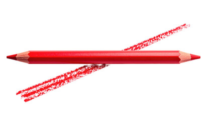 A red, double-ended, colored pencil is shown over a black background, with its reflection visible