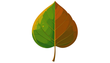 A split-toned leaf depiction, showcasing vibrant green hues transitioning into autumnal shades of brown