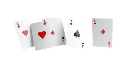 Graphic with four playing cards, each an Ace of different suits hearts, diamonds, spades, and clubs, arranged against a black background