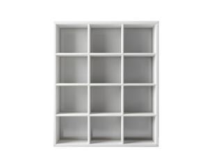 A stark, symmetrical image of an empty, multi-compartment shelving unit. Its white finish and sharp edges create a clean, modern aesthetic