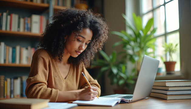 Young woman writes in notebook at desk with laptop. Bookshelves and plants create cozy study or home office atmosphere. Planning goals, learning, remote work.