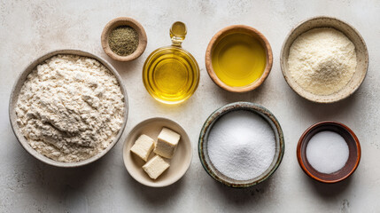 cooking and baking ingredients like flour, sugar, oil, and butter, neatly arranged in small rustic bowls on a light background. Perfect for healthy eating, recipe preparation, culinary blog themes.