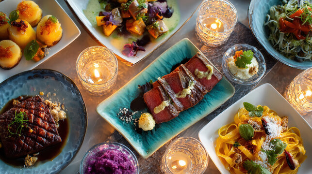 dinner spread, including perfectly seared meats, handmade pasta, appetizers, presented on eclectic plates and warmly lit by small candles. Conveys fine dining, gourmet food, luxury culinary experience