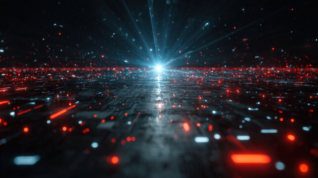 background with a dark ground plane and bright light emanating from the center, surrounded by fast-moving red and blue particles. This powerful 3d render symbolizes data transfer, security, speed - Powered by Adobe