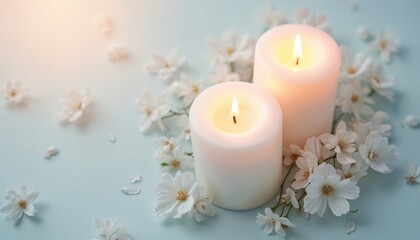 Two candles with soft light decorated with white flowers. Gentle pastel blue background. Minimalistic composition peace, calmness, rest, mindfulness, meditation. Candles light gives cozy mood. Spa