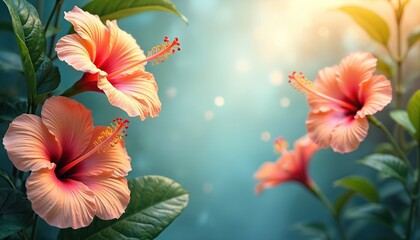 Bright orange hibiscus flowers bloom on green stems against a soft blue background with sunlit bokeh. Delicate petals unfurl, showing central stamen detail.