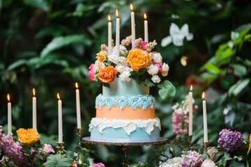 Elegant floral cake with candlelit ambiance in lush garden