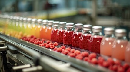 Glass bottles filled with vibrant raspberry juice and fresh raspberries traveling along a modern automated conveyor belt in a beverage factory, showing industrial food production