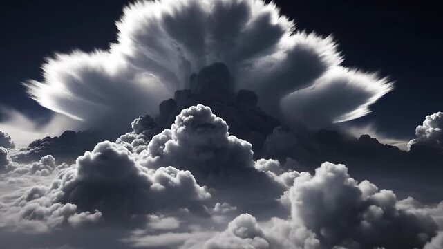 Massive dark clouds billow majestically, creating an impressive formation that seems to dominate the sky. The swirling clouds exude a sense of power and beauty, captivating the vie