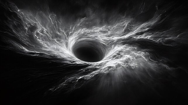 Vast black hole creating a gravitational vortex, pulling light streaks and cosmic dust into its dark abyss, illustrating deep space phenomena and theoretical physics