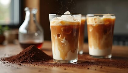 Close up photo of cold brew coffee served with ice. Transparent glasses with iced beverage and foam, powder on wooden table. Aroma of fresh caffeinated drink.