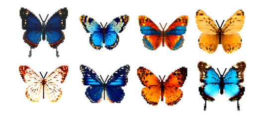 Pixel art butterfly halftone illustration Vector retro design