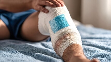 Man suffering from a knee injury resting on a bed, his leg heavily wrapped in a white elastic bandage with a blue cooling gel pack applied over the knee, indicating pain management and recovery