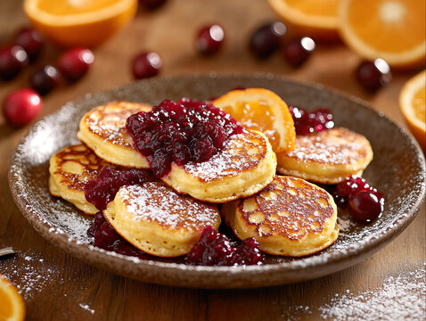 Fluffy pancakes topped with cranberry sauce and orange slices