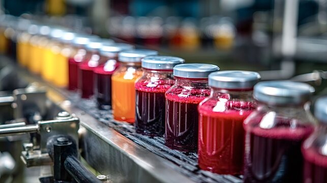 Multiple glass bottles filled with various fruit juices in different colors are moving on a conveyor belt during the automated bottling process in a beverage factory