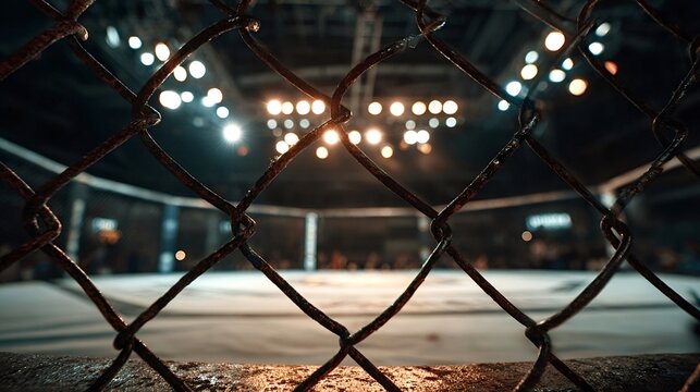 Empty mixed martial arts octagon cage standing under bright arena lights, viewed from behind a rusty chain link fence, anticipating an upcoming combat sports event