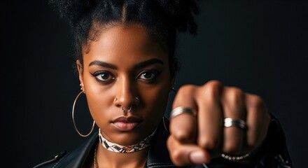 Obraz premium Determined young woman, assertive gaze. Her clenched fist signifies power, solidarity, and the enduring fight for fundamental human rights, justice, and universal equality.