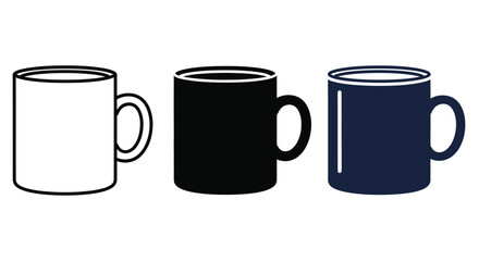 Three simple graphic icons of mugs in outline, black, and blue colors.