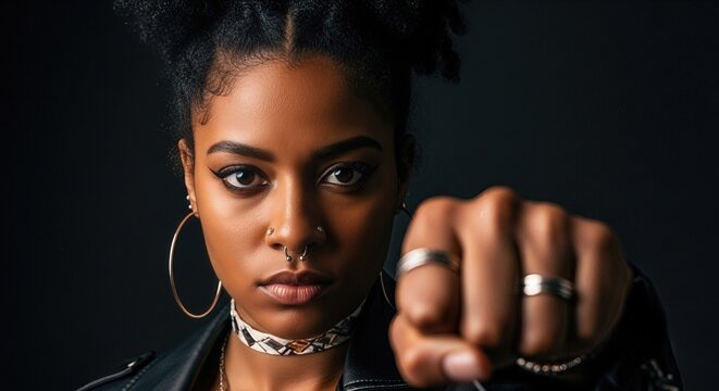 Determined young woman, assertive gaze. Her clenched fist signifies power, solidarity, and the enduring fight for fundamental human rights, justice, and universal equality.