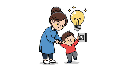 Fototapeta premium A mother teaches her young child to turn on a light switch, with a glowing light bulb symbolizing an idea or electricity.