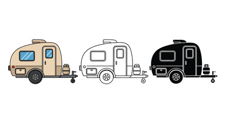 Obraz premium Three illustrations of a teardrop camper trailer in different styles and colors.