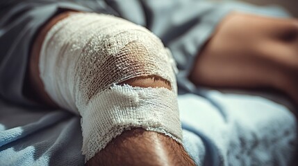 Patient lying with a bandaged knee after an accident, showing wound care and first aid for recovery and pain management in a clinical or home care setting