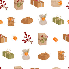 Seamless rustic kraft gift box pattern with flat present and cardboard package. Red and eco xmas style, perfect for holiday decor or wrapping, natural festive graphic background.