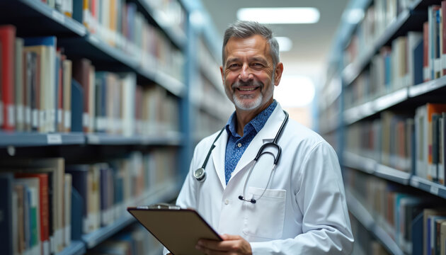 Smiling doctor stands in library corridor. Wears lab coat, stethoscope, holds clipboard. Medical pro stands among bookshelves filled with books. Looks competent, ready to offer health advice, patient