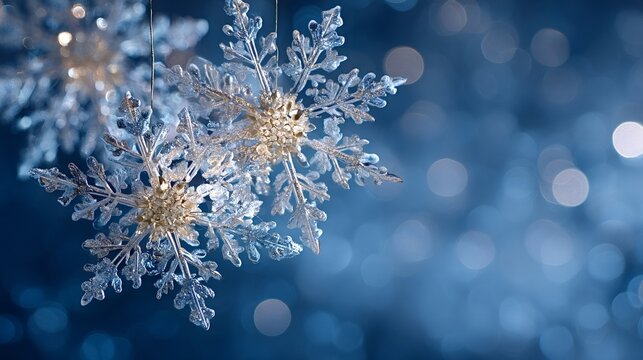 Clear snowflake ornaments with golden glitter centers hang against a soft blue bokeh backdrop, creating a delicate, festive winter holiday scene of shimmer and frosty elegance