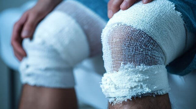 Person is suffering from a knee injury, applying a white gauze bandage to both knees for support and recovery, showing pain and the need for medical first aid and physical therapy - Powered by Adobe