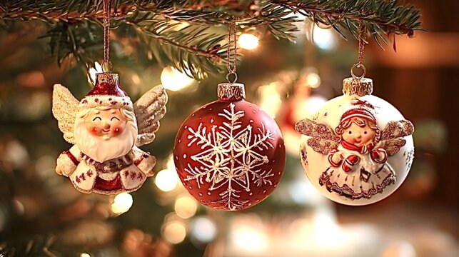 Christmas tree branch displaying intricate festive ornaments including a red bauble with a snowflake, a winged santa claus, and a little angel, creating a warm holiday atmosphere