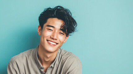 Fototapeta premium Close up portrait of handsome young Japanese man smiling at the camera.