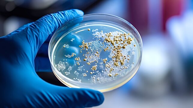 Scientist hand in blue glove holding a petri dish with a diverse bacterial culture growing on agar, illustrating microbiological research and contamination testing in a laboratory setting