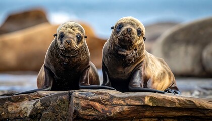 Fototapeta premium Two young seals on a rock face