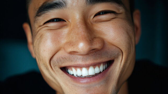 Close up portrait of handsome young Japanese man smiling at the camera.